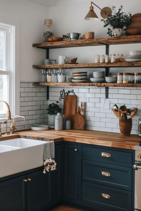 Dark Navy Blue Cabinets Kitchen, Blue Kitchen Cabinets With Butcher Block Countertops, Blue Cabinets Butcher Block Countertops, Dark Blue Cupboards Kitchen, Navy Blue Cabinets With Butcher Block, Butcher Block Navy Cabinets, Small Kitchen Island With Butcher Block Top, Galley Kitchen Butcher Block Counter, Home Decor Ideas Navy Blue