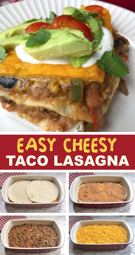 Cheesy Taco Lasagna - Instrupix Taco Lasagne, Taco Lasagna Recipe, Taco Lasagna, Dinner Beef, Desayuno Keto, Chili Relleno, Frijoles Refritos, Dinner For One, Diner Recept