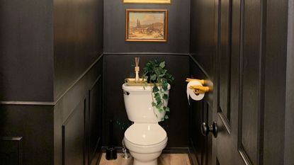 Color Drenching Powder Room, Black Powder Room Ideas, Tiny Half Bathroom Ideas, Black Half Bathroom, Dark Powder Room, Black Powder Room, Powder Room Paint, Farmhouse Powder Room, Tiny Powder Room