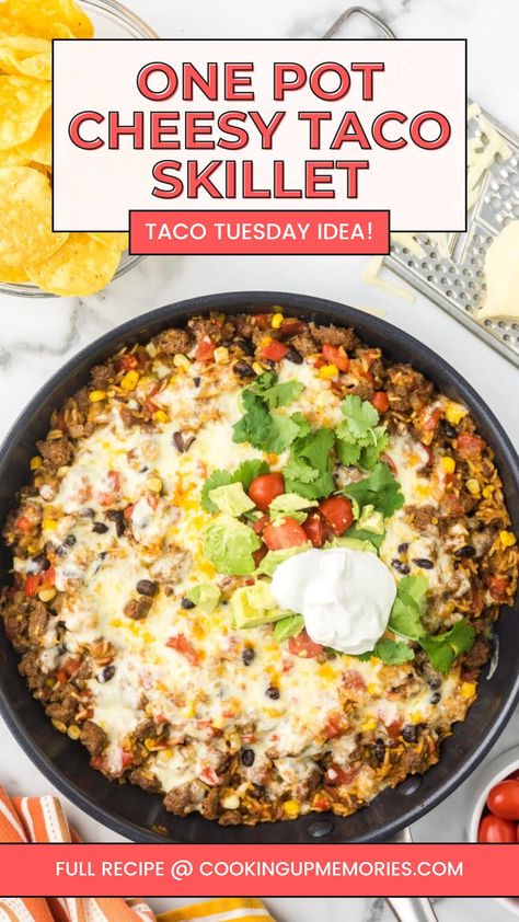 This One-Pot Cheesy Taco Skillet is a quick and delicious dinner that’s perfect for busy weeknights! Loaded with seasoned ground beef, melty cheese, and your favorite taco toppings, it’s a flavorful meal made in just one pan for easy cleanup. Ready in under 30 minutes, it’s a family favorite that everyone will enjoy. Serve with tortilla chips or over rice for a complete meal! Cheesy Taco Skillet, Delicious Chili Recipe, Taco Skillet, High Protein Dishes, One Pot Dinners, Quick Appetizers, Gooey Cheese, Homemade Taco Seasoning, Tacos Beef