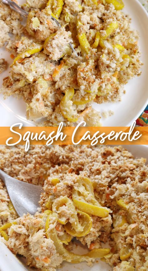 Squash Casserole! A tried-and-true family favorite recipe made with fresh yellow squash and herb stuffing that's perfect at Thanksgiving, potlucks and holiday dinners. Easy Squash Casserole, South Your Mouth, Yellow Squash Casserole, Yellow Squash Recipes, Squash Casserole Recipes, Herb Stuffing, Stuffing Casserole, Thanksgiving Dinner Recipes, Squash Casserole