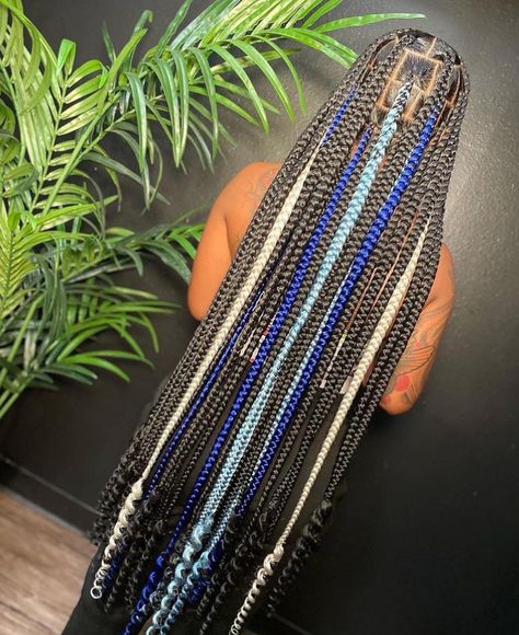 3 Color Box Braids Black Women, Cute Colored Knotless Braids, Blue And Black Small Knotless Braids, Blue Black And Blonde Box Braids, Jumbo Peekaboo Knotless, Large Knotless Braids Hairstyles Color, Cute Color Braids For Black Women, Black Blue And Blonde Knotless Braids, Large Color Knotless Braids