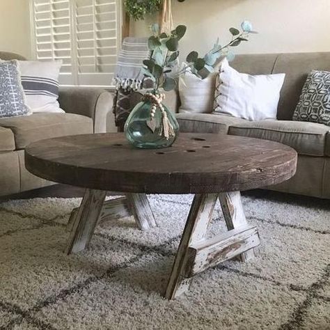 20+ Farmhouse Coffee Table Ideas for Your Home 4 Farmhouse Coffee Table Ideas, Round Coffee Table Diy, Cable Spools, Modern Farmhouse Coffee Table, Used Furniture For Sale, Natural Wood Coffee Table, Diy Farmhouse Coffee Table, Spool Furniture, Spool Tables