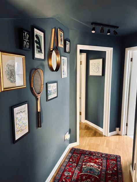 Hallway collage wall dark Persian rug Stiffkey Blue Hallway, Farrow And Ball Stiffkey Blue, Blue Hallway, Stiffkey Blue, Farrow And Ball, Collage Wall, Wall Collage, Hallway, Collage