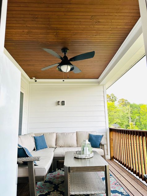 Stained ceiling, covered deck, finishes, wood ceiling, outdoor deck, covered patio, stained wood, home improvements Beadboard Porch Ceiling, Patio Ceiling Ideas, Deck Ceiling, Deck Details, Ceiling Planks, Screen Porches, Board Ceiling, Outdoor Covered Patio, White Siding