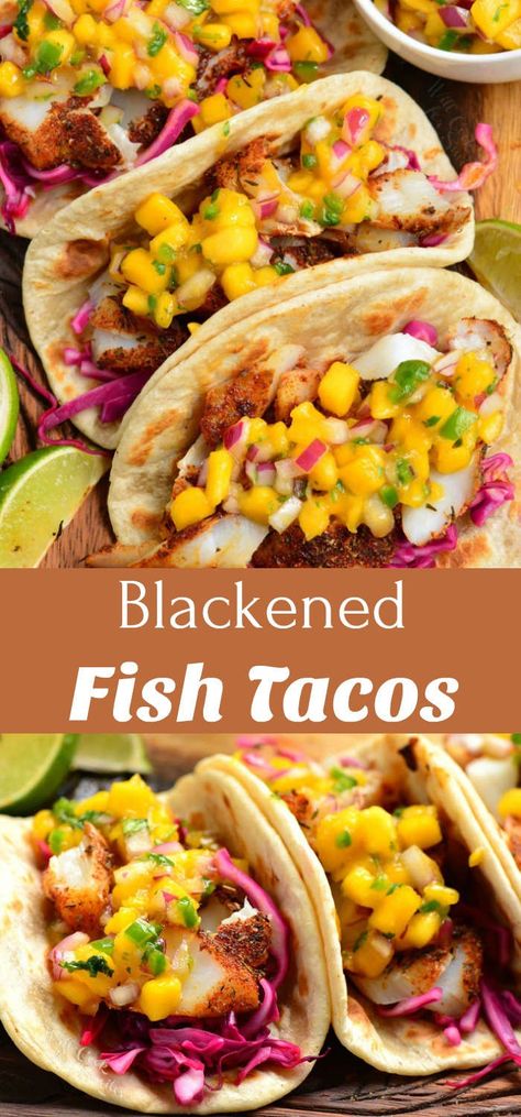 Blackened Fish Tacos. These tacos are packed with juicy, flaky blackened fish, crunchy slaw, and sweet mango salsa. It's ready in 20 minutes and holds a great combination of flavors and textures. #fish #tacos #cod #mango #slaw Fish Tacos Cod, Blackened Fish Tacos, Blackened Fish, Blacken Fish, Mango Slaw, Fish Tacos Recipe, Spicy Salmon, Baked Fish, Mango Salsa