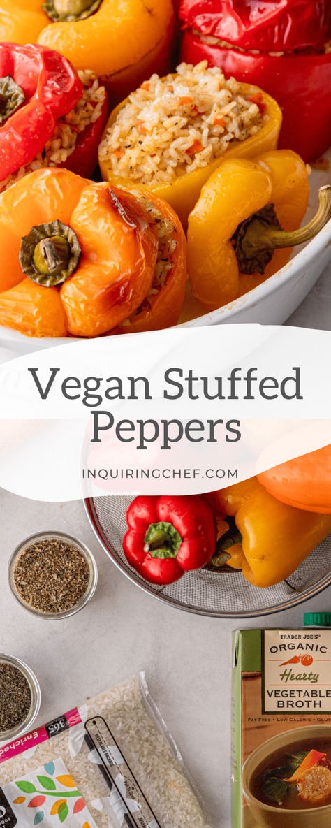 Savory vegetable and rice stuffed peppers are here to perk-up your next vegan meal. This recipe uses just a few basic ingredients that you likely already have in your kitchen, which means you can make these on the fly when time is short and your family is hungry! Vegan Stuffed Bell Peppers, Vegan Stuffed Peppers, Bell Pepper Recipes, Vegan Entree, Vegan Sausage, Vegan Main Dishes, Vegan Meal Prep, Peppers Recipes, Quick Dinner Recipes