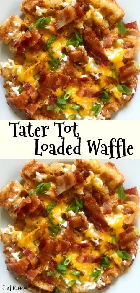 Mini Waffle Maker Lunch Recipes, Waffle Maker Dinner Recipes, Tator Tot Waffle Iron Recipes, Loaded Potato Waffles, Waffles With Bacon, Tater Tots In Waffle Iron, Waffle Side Dishes, Savory Waffle Ideas, Savory Waffle Iron Recipes