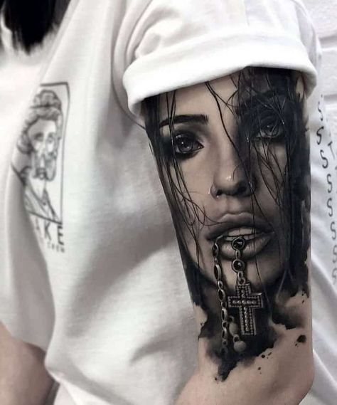 Portrait Tattoos 1 Portrait Tattoo Sleeve, Face Tattoos For Women, Chicano Tattoos Sleeve, Skull Girl Tattoo, Girl Back Tattoos, Girl Face Tattoo, Skull Sleeve Tattoos, Realistic Tattoo Sleeve, Forearm Sleeve Tattoos