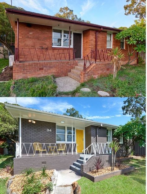 Red Brick House Before And After, 70s House Exterior Makeover Brick, Update Old Brick House Exterior, Red Brick House Renovation, Old Brick House Renovation, Old Red Brick House Exterior, 80s Brick House Makeover, 70s Brick House Makeover, Red Brick House Makeover