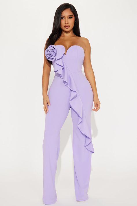 Available In Black And Lavender. Strapless Jumpsuit Sweetheart Neckline V-Wire Flower Applique Ruffle Detail Hidden Back Zipper Wide Leg Stretch Inseam=34" Self: 95% Polyester 5% Spandex Imported | Let Me Prove It Jumpsuit in Lavender size XS by Fashion Nova Lavender Fashion, Fashion Nova Jumpsuit, Outfit Styles, Wire Flowers, Service Women, Strapless Jumpsuit, Leg Stretching, Flower Applique, Prove It