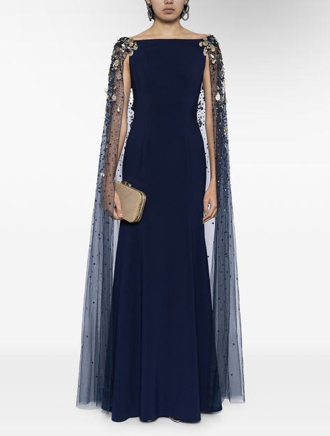 Jewel Tone Bridesmaid, Midnight Blue Dress, Jenny Packham Dresses, Beaded Cape, Dreamy Gowns, Blue Cape, Gown Blue, Cape Designs, Cape Gown