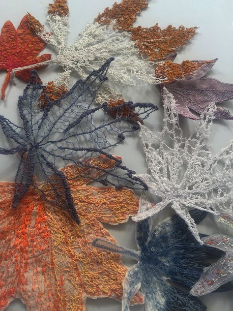 Dissolvable Fabric Embroidery, Nature Textile Art, Dissolvable Fabric Textiles, Gcse Art Textiles Final Piece, Water Soluble Fabric Embroidery, Solvy Fabric, Leaf Textiles, Amy Dury, Textile Leaves