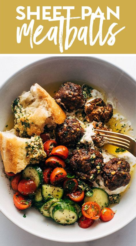 Sheet Pan Meatballs with Tomato Salad and Green Sauce! Juicy little sheet pan meatballs that are salty, zesty, briney, and so so delicious. Served with tzatziki, green sauce, and a tomato salad. #meatballs #beef #tomatosalad Minced Recipes, Sheet Pan Meatballs, Meatballs Salad, Basil Meatballs, Meatball Salad, Meatballs Beef, Recipe Meatballs, Meatball Ingredients, Pan Dinners