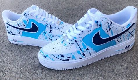 Nike Air Force 1 / Blue Splatter Custom / All Shoe Sizes Available / Fast Shipping Condition is New with Box / Please contact me on Etsy if you desire a 4.5y and below as a shoe size Primary Colors - White - Light Blue - Dark Blue Customized Shoes, Custom Sneakers Diy, Custom Af1, Custom Shoes Diy, Nike Shoes Air Force, Nike Shoes Girls, Dark White, Custom Nike Shoes, All Nike Shoes