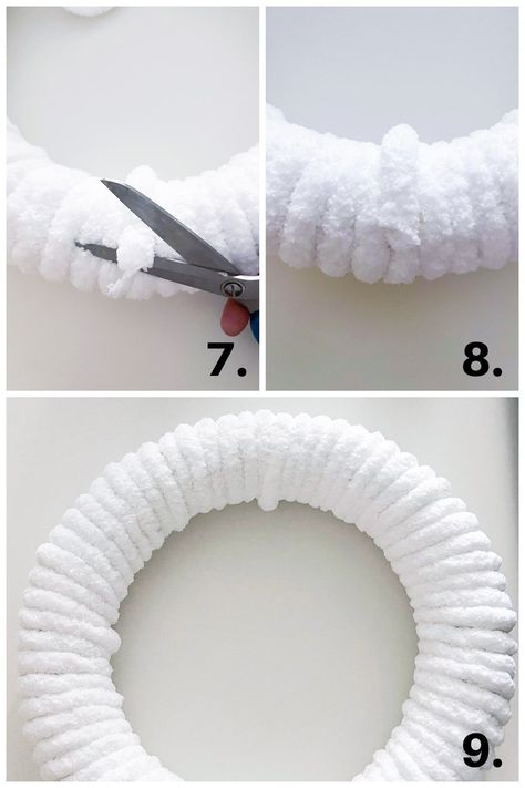 Want to add the look of snow to your front door or wall? This DIY plush chunky yarn Christmas wreath is easy to make and give you a sense of having a puff of snow on your door. It even has the feel of a frosty velvet wreath! This tutorial will show you how to make a DIY plush chunky yarn Christmas wreath. #myweeabode #christmaswreath #plushyarn #velvet Yarn Loop Wreath, Braided Chunky Yarn Wreath, Snowman Yarn Wreath, White Wreaths Christmas, White Yarn Wreath, Simple Diy Christmas Wreaths, Yarn Christmas Wreath Diy, Christmas Wreath Diy Easy, Chunky Yarn Wreath Diy Christmas