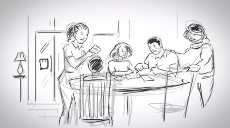 Family Dinner Reference, Family Dinner Drawing, Family Dinner Illustration, Dinner Table Drawing, Family Dinner Aesthetic, Table Sketch, Family Dinner Party, Family Sketch, Family Dinner Table