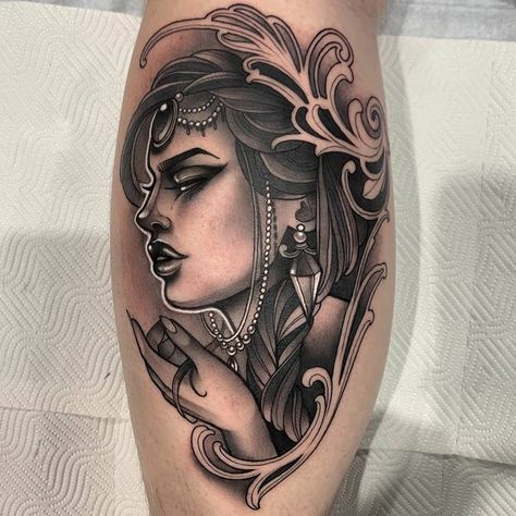 Traditional Tattoo Black And Grey, Neo Tattoo, Filigree Tattoo, Tattoo Shading, Girl Face Tattoo, Greek Tattoos, Leg Sleeve Tattoo, Face Tattoos, Back Tattoo Women