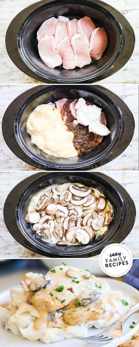 This is a dump and go delicious and comforting pork chop recipe that turns out to be a crowd pleaser every time Pork Chops With Mushroom Gravy Crockpot, Mushroom Smothered Pork Chops, Smothered Pork Chops In Crockpot, Boneless Pork Chop Crockpot Recipes, Pork Chops In The Crock Pot Mushroom, Smoother Pork Chops, Crockpot Boneless Pork Chops, Pork Chop Crock Pot, Comfy Recipes