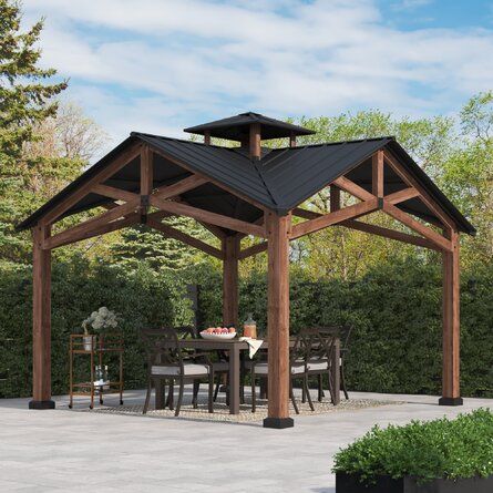 Greyleigh™ Fowey 12.5 Ft. W x 12.5 Ft. D Solid Wood Patio Gazebo | Wayfair Gable Roof Exterior Design, Simple Gazebo, Wood Gazebo, Gazebo Roof, Outdoor Structure, Outdoor Gazebo, Grill Gazebo, Steel Roof, Wooden Gazebo