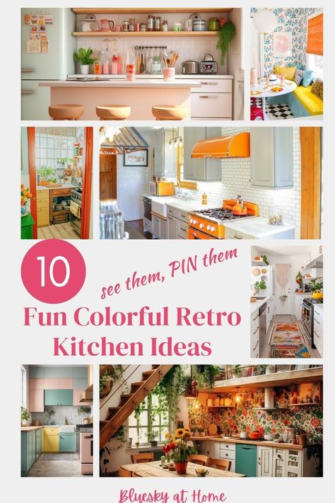 Discover 10 Fun Colorful Retro Kitchens to Inspire You. Let the fun vibe of retro kitchens give new life to your kitchen. Add color and a retro boho kitschy style to your kitchen. Combine bright or pastel colors with vintage elements for a style that is fresh and fun. Whimsical Kitchen Ideas, Retro Glam Kitchen, Colorful Boho Kitchen, Kitschy Style, Retro Modern Kitchen, Colorful Kitchens, 60s Kitchen, Retro Kitchen Accessories, Retro Kitchen Appliances