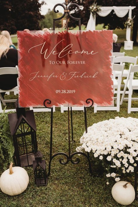 Burgundy, Navy, and Gold Fall Wedding on a $10K Budget Navy Fall Wedding, Gold Fall Wedding, Wedding Reception Signage, Boho Wedding Backdrop, Acrylic Signs, Mom Wedding, Fall Wedding Decorations, Wedding Inspiration Fall, Wedding Welcome Sign