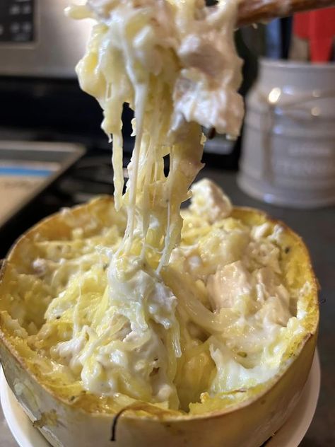 High Protein Low Carb Life after WeightLoss | Creamy Chicken Spaghetti Squash💙💙 | Facebook High Protein Shake Recipes, Creamy Chicken Spaghetti, Yellow Squash Soup, Low Carb Life, Healthy High Protein Meals, Shredded Chicken Recipes, Chicken Spaghetti Squash, Spaghetti Squash Recipes, Low Carb Zucchini