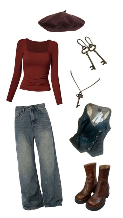 Long sleeve red top blue baggy jeans red brown leather boots denim whimsy twee academic office siren vest gold key necklace earrings jewellery red brown purple beret Academic Outfit, Dark Academia Casual, Aesthetic New York City, Aesthetic New York, Academia Outfits, Fall Denim, Feminine Aesthetic, Autumn Outfit, Casual Denim