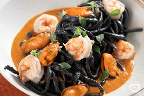 Squid Ink Spaghetti alla Chitarra Squid Ink Pasta Recipe, Squid Ink Spaghetti, Squid Ink Pasta, Spaghetti Recipe, White Wine Sauce, Pizza Bake, Wine Sauce, Spaghetti Recipes, Latest Recipe