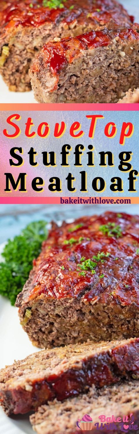 Delicious and moist Stove Top meatloaf sliced and served on white platter with parsley garnish. Stove Top Stuffing Meatloaf Recipes, Stove Top Meatloaf, Stuffing Meatloaf, Stove Top Stuffing Meatloaf, Moist Meatloaf, Stove Top Stuffing, Meatloaf Dinner, Meatloaf Ingredients, Good Meatloaf Recipe