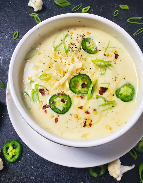 Creamy, velvety smooth, and packing a punch; my Jalapeno Cheddar Cauliflower Soup is the perfect soup season recipe. It's easy, comes together quickly with minimal ingredients, and tastes delish! Recipe link attached <3 Jalapeño Cream Soup, Cheddar Cauliflower Soup, Green Chili Soup, Jalapeño Soup, Vegan Jalapeno Poppers, Cheddar Cauliflower, Cheap Vegetarian Meals, Creamy Jalapeno, Jalapeno Cheddar