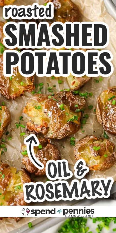 Smashed potatoes in oven are a quick an easy appetizer or side. Do the prep work the night before to really speed things up! Boil, smash, and brush the baby potatoes with a rosemary olive oil mixture and set in the fridge. Then pop in the oven when ready to enjoy! #spendwithpennies #rosemarysmashedpotatoes #sidedish #potatoes #kidfriendly Golden Smashed Potatoes, Smashed Potatoes In Oven, Crispy Baked Chicken Legs, Roasted Smashed Potatoes, Boiled Baby Potatoes, Rosemary Olive Oil, Smashed Potatoes Recipe, Potatoes In Oven, Crispy Smashed Potatoes