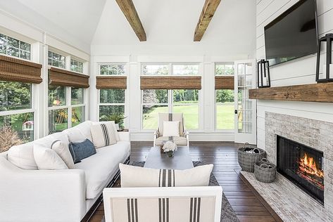 Sunroom Addition Off Bedroom Master Suite, 4season Rooms, Family Room Addition Off Back Of House, Additions To House Ideas, 3 Seasons Room, Sunroom With Fireplace, Distressed Brick, Sunroom Living Room, Four Season Sunroom