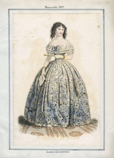 Ladies' Companion: December 1, 1851 Margaret Hale, 1850s Fashion, Victorian Era Fashion, Historical Women, 19th Century Fashion, Fashion Figures, Vintage Gowns, Victorian Women, Older Fashion