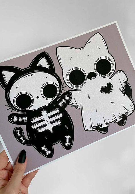 Cat Biting Drawing, Cute Graveyard Drawing, Halloween Cats Art, Halloween Cat Drawing, Halloween Desenhos, Halloween Desenho, Kawaii Vampire, Twin Halloween, Evil Cat