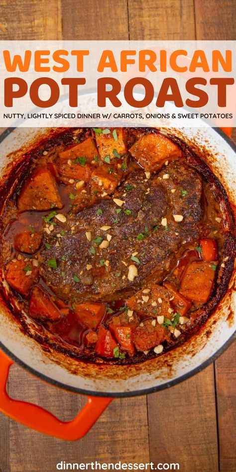 West African Pot Roast is a one-pot dinner of tender beef, carrots, onions and sweet potatoes simmered in a nutty, smoky sauce with just a touch of heat. #dinner #potroast #beefroast #carrots #moroccanfood #fusionrecipes #dinnerthendessert Pot Roast With Sweet Potatoes, Roast With Sweet Potatoes, Crockpot Carrots, Roast Beef Crock Pot Recipes, Sweet Potato Oven, Sweet Potato Pasta, Roasted Potatoes And Carrots, Chuck Roast Recipes, Classic Pot Roast