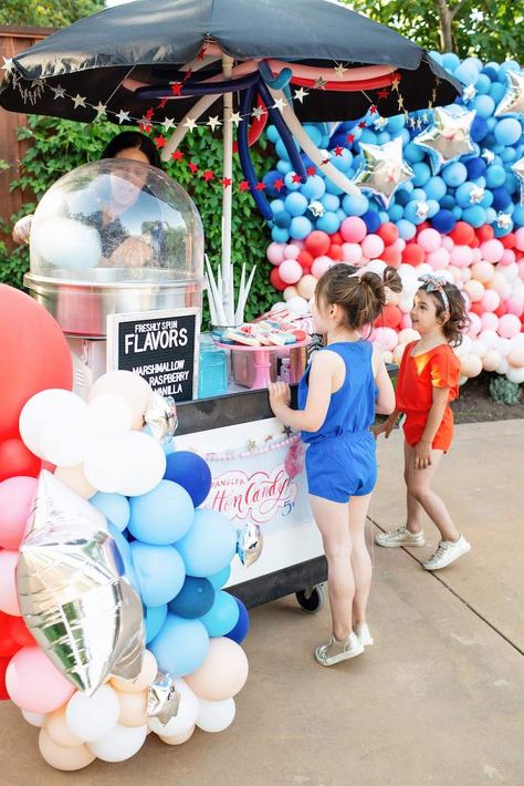 Modern Americana Decor, Neighborhood Party, Modern Americana, Beverage Bar, America Birthday, Blue Candle, Candy Cart, Guest Table, Star Spangled Banner