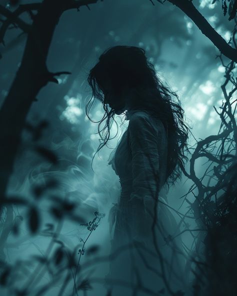 Be careful in the woods at night, there's a banshee on the prowl. 👻⁠ ⁠ ⁠ ⁠a ghostly woman in white, standing amidst foggy woods at night. She has long hair and is wearing an old dress with tattered layers that billow around her a she floats above the ground. Her face seems to be made of mist or shadows and her mouth is too large as she screams. The background features gnarled trees and dark foliage, adding depth. A faint light from behind illuminated part of her body. --ar 4:5 --s 550 --v 6.0... Female Ghost Aesthetic, Eyes In The Forest, Outside Looking In, Banshee Aesthetic Scream, Landscapes With People, Dark Silhouette Aesthetic, Dark Dream Aesthetic, Shadow Woman Art, Dark Ghost Aesthetic