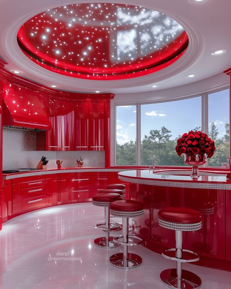 Red And White Room, 2000s Interior Design, Y2k Interior Design, Y2k Interior, Y2k House, Spy Books, Futuristic Decor, I Spy Books, Colourful Kitchen