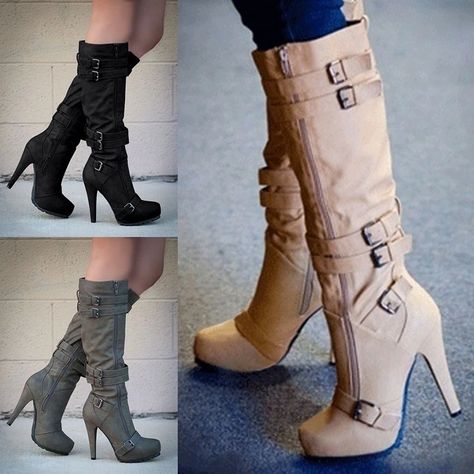 Chic High Heels, Fabric Boots, Boot Straps, Womens Stilettos, Super High Heels, Boots Knee, Leather Boots Women, Buckle Boots, Boots Women