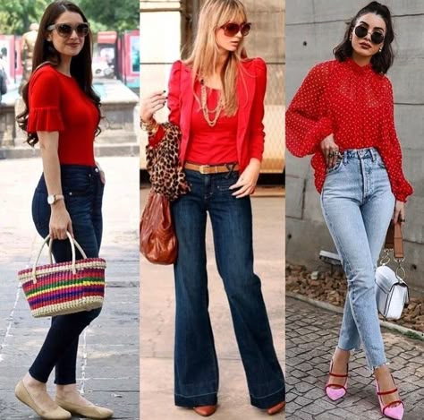 Red Blouse Outfit Casual, Red Shirt And Jeans Outfit, Red Blouse Outfit, Red Tshirt Outfit, Red Shirt Outfits, Working Girl Outfits, Blouse Outfit Casual, 70s Inspired Fashion, Jean Flare