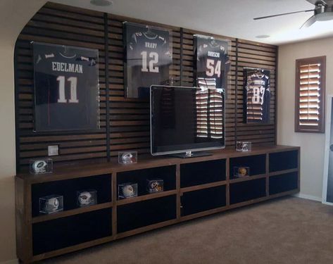 Sports Themed Wooden Slats Cool Tv Wall Design Ideas Living Room Television, Tv Wall Design Ideas, Living Room Units, Tv Wall Ideas, Bedroom Tv Wall, Jersey Display, Tv Wand, Design Tv, Living Room Tv Unit