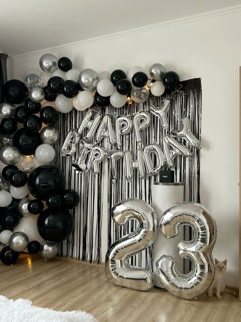 Black And White Decorations Birthday, Mens Birthday Backdrop Ideas, Black Party Theme Decor, Black Silver Birthday Theme, White And Black Birthday Decor, Black Silver Birthday Decor, Black And Silver 21st Birthday, Black And White Birthday Decor, Black And Silver Balloon Arch