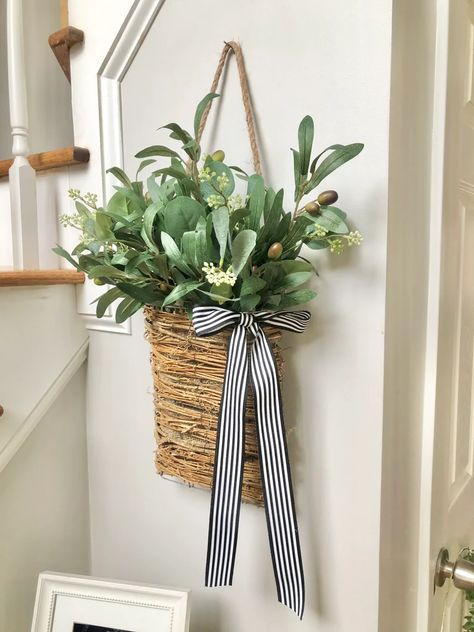 Door Basket Year Round Olive Branch Door Hanging Basket - Etsy Outdoor Lanterns Decor, Hanging Door Basket, Door Hanging Basket, Basket Decor Ideas, Front Door Baskets, Basket Flower Arrangements, Door Basket, Wreath Hanging, Basket Wreath