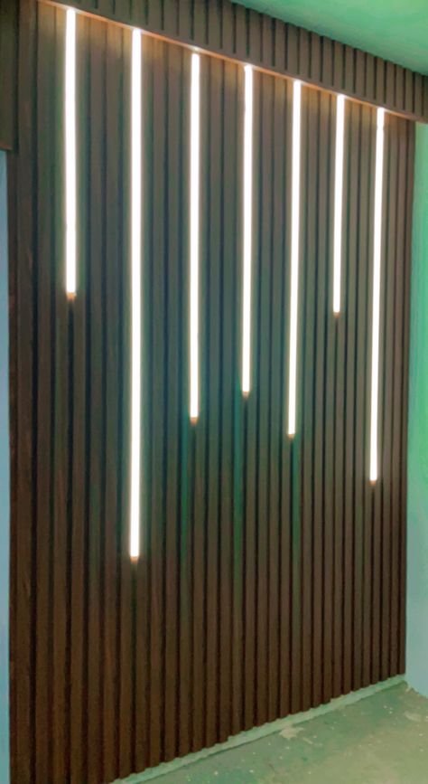 Wall Panel Design With Lights, Wood Paneling With Led Lights, Wood Accent Wall With Led Lights, Panel Wall With Lights, Wood Panel Lighting, Led Wall Panels, Wpc Wall Panel, Balcony Glass Design, Down Ceiling Design