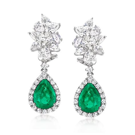 4.70 ct. t.w. Emerald and 4.52 ct. t.w. Diamond Drop Earrings in 18kt White Gold Victorian Drop Earrings, Emerald Earrings Drop, Sapphire And Diamond Earrings, Emerald Green Earrings, Fine Jewelery, Jeweled Earrings, Emerald Color, Green Diamond, Emerald Earrings