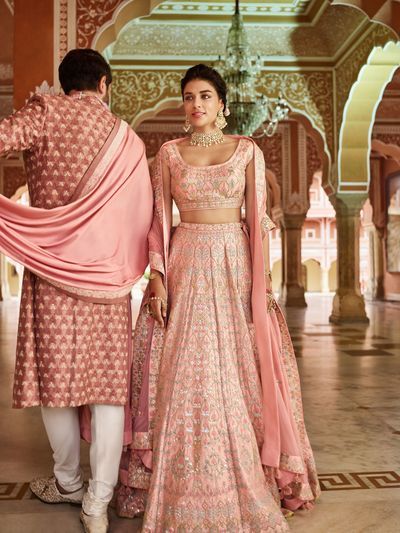 Pastel pink bridal lehenga by Anita Dongre Manish Malhotra Lehenga, Pink Bridal Lehenga, Orang India, Nikkah Dress, Lehnga Dress, Bridal Lehenga Collection, Designer Bridal Lehenga, Anita Dongre, Gaun Fashion