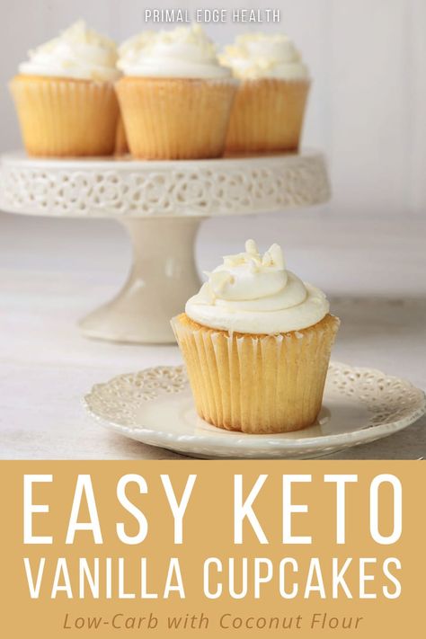 Keto vanilla cupcakes are a delicious treat to share with a crowd any time of the year. Elegant enough for the holidays, yet easy enough for an impromptu birthday party, this low-carb, gluten-free coconut flour cupcake recipe has a classic vanilla flavor but only 3 net carb per serving. Recipe With Coconut Flour, Health Dessert Recipes, Vanilla Cupcakes Recipe, Gluten Free Cupcakes Vanilla, Low Carb Cupcakes, Low Cal Dessert, Keto Cupcakes, Baking With Coconut Flour, Vanilla Cupcake Recipe