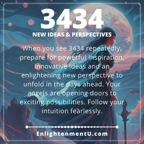 When you see 3434 repeatedly, prepare for powerful inspiration, innovative ideas and an enlightening new perspective to unfold in the days ahead. Your angels are opening doors to exciting possibilities. Follow your intuition fearlessly. 3434 Angel Number, 3434 Angel Number Meaning, 1234 Angel Number, Angel Babies, Written In The Stars, Angel Number Meanings, Witch Craft, Say A Prayer, Journey To Success