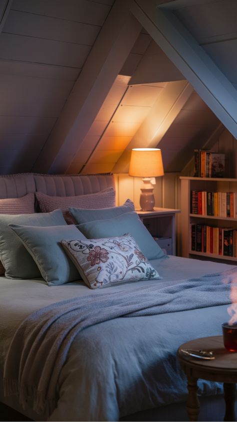 Cozy attic bedroom with soft lighting, a well-made bed, a nightstand with a lamp, bookshelves, and a cup on a wooden table. Cozy Attic Bedroom Aesthetic, Rainy Cozy Bedroom, Nighttime Aesthetic Bedroom Cozy, Comfy Cozy Bed Pov, Cozy Bedroom Bedding & Blankets Night, Cozy Bedroom Aesthetic, Blankets Warm, Cozy Attic Bedroom, Bedroom Aesthetic Ideas